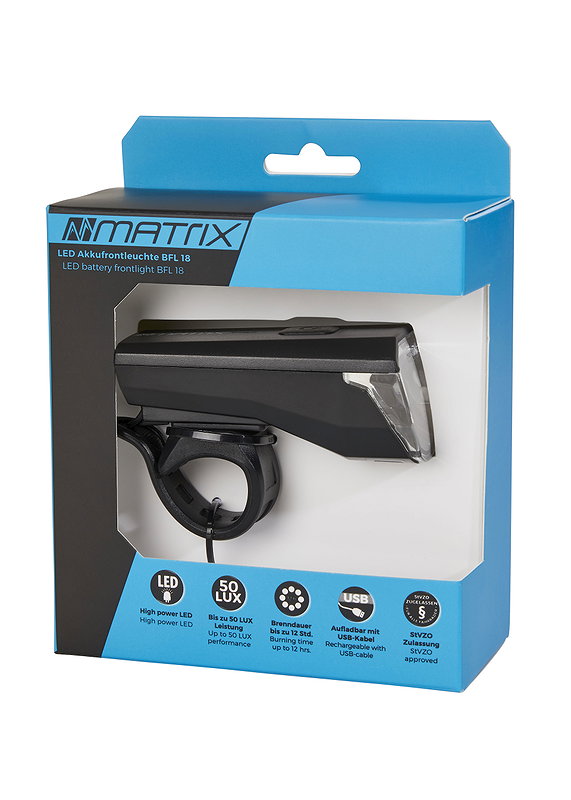 MATRIX LED Akkufrontleuchte 50 LUX BFL 18 schwarz