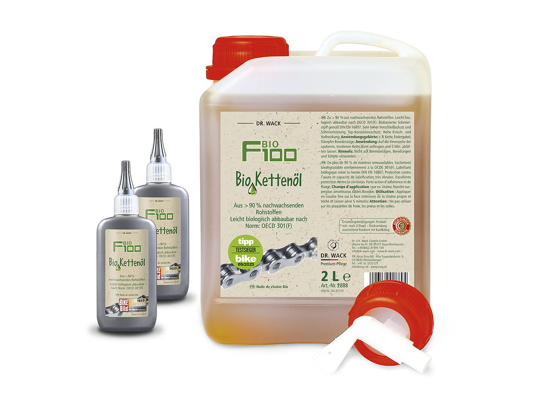 F100 Kettenöl Bio 2 l Kanister, inkl 2 Leerflaschen und Auslaufhahn