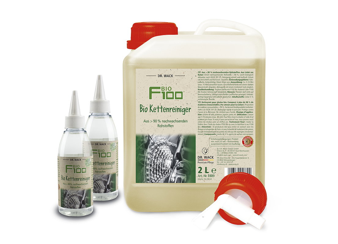 F100 Kettenreiniger Bio 2 l Kanister, inkl 2 Leerflaschen und Auslaufhahn