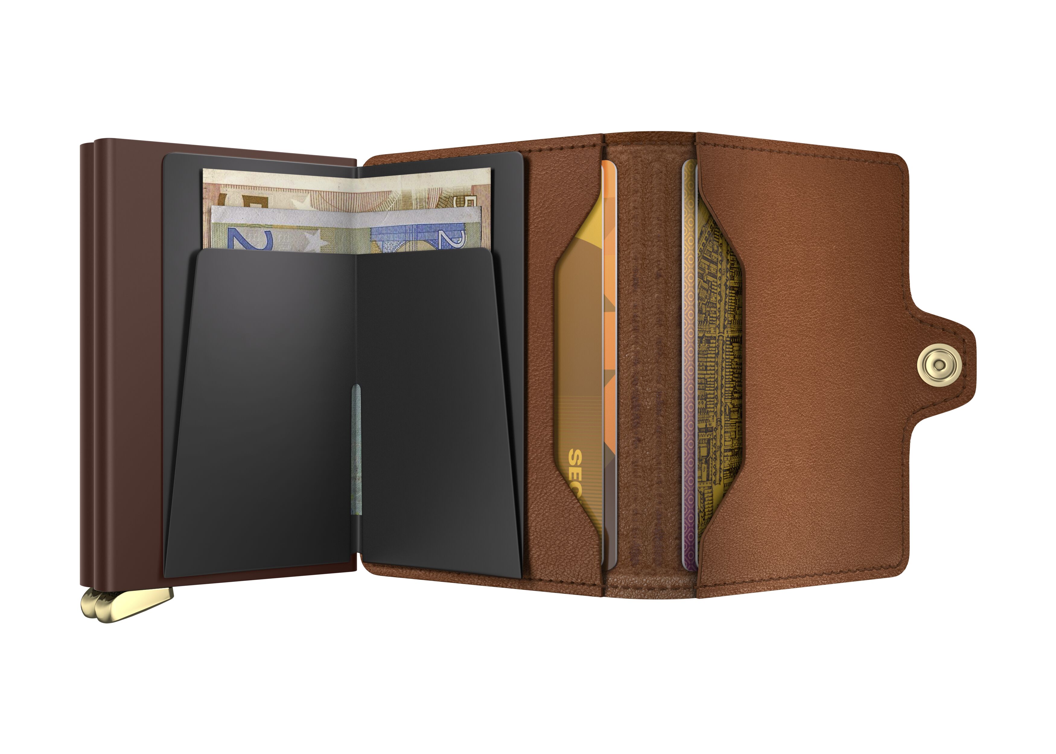 Secrid Twinwallet Emboss Lines Cognac+ – geöffnet