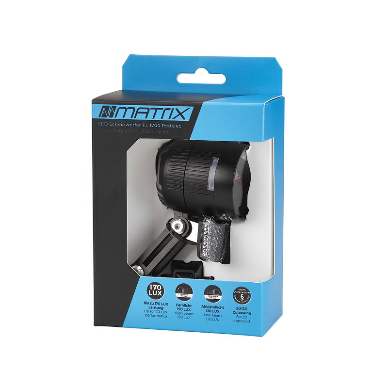 MATRIX E-Bike LED Scheinwerfer 170 LUX FL1700 Abblendlicht/Fernlicht  120/170 Lux  SB-Verpackung