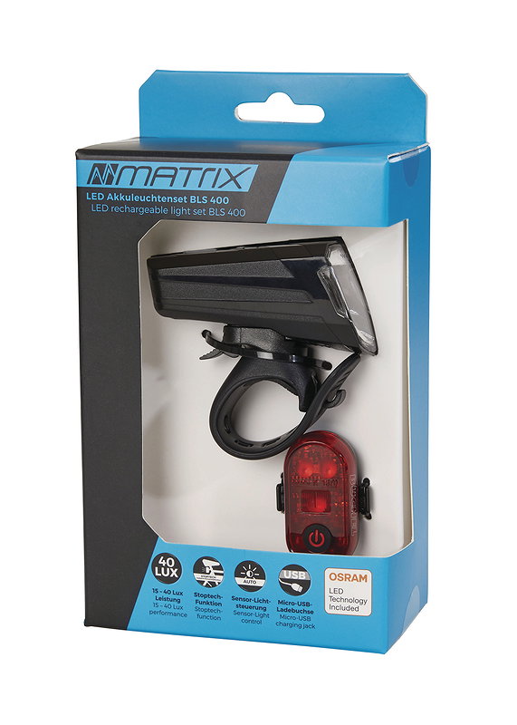 MATRIX LED Akkuleuchten Set 40 LUX BLS 400  mit Bremslichtfunktion schwarz