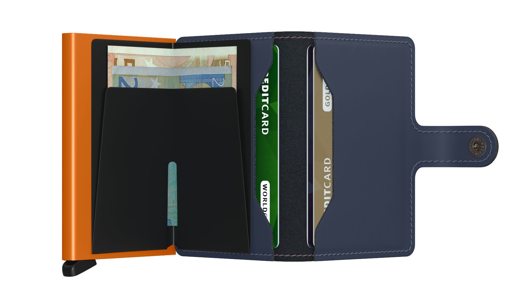 Secrid Miniwallet Matte Nightblue & Orange – geöffnet