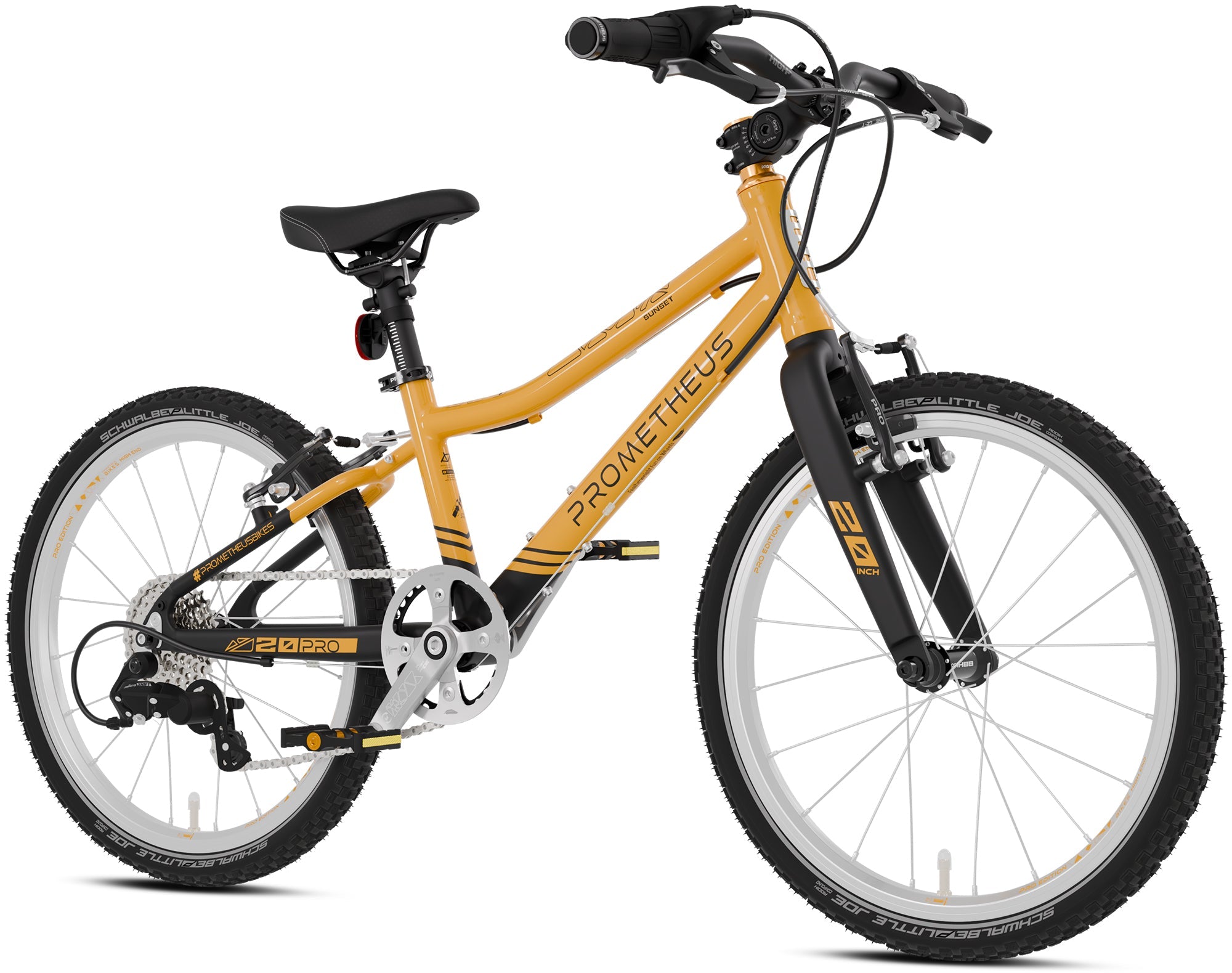 Prometheus PRO 20 Zoll Kinderfahrrad Orange/Schwarz matt (Sunset) – Seitenansicht