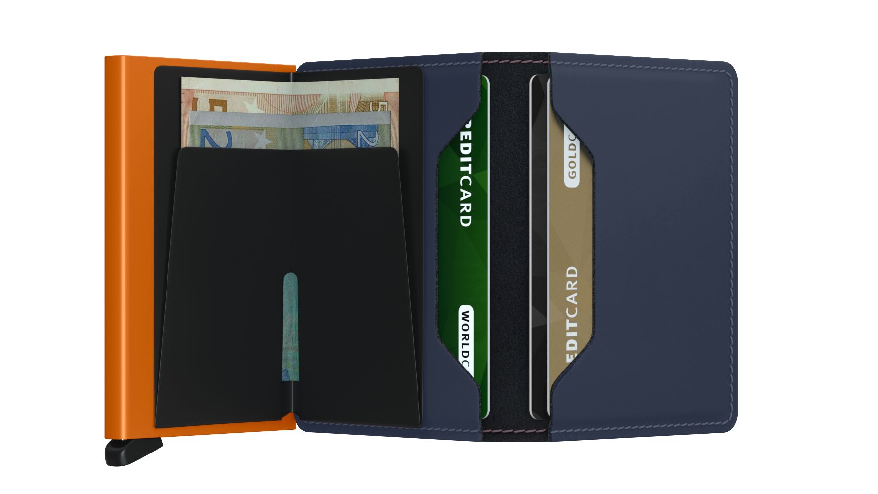 Secrid Slimwallet Matte Nightblue & Orange – geöffnet